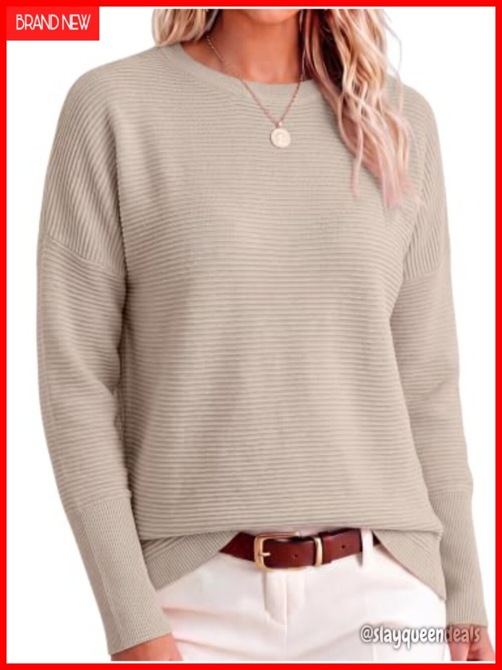 Oversized Ribbed Knit Crew Neck Batwing Sleeve Pullover Sweater Women
